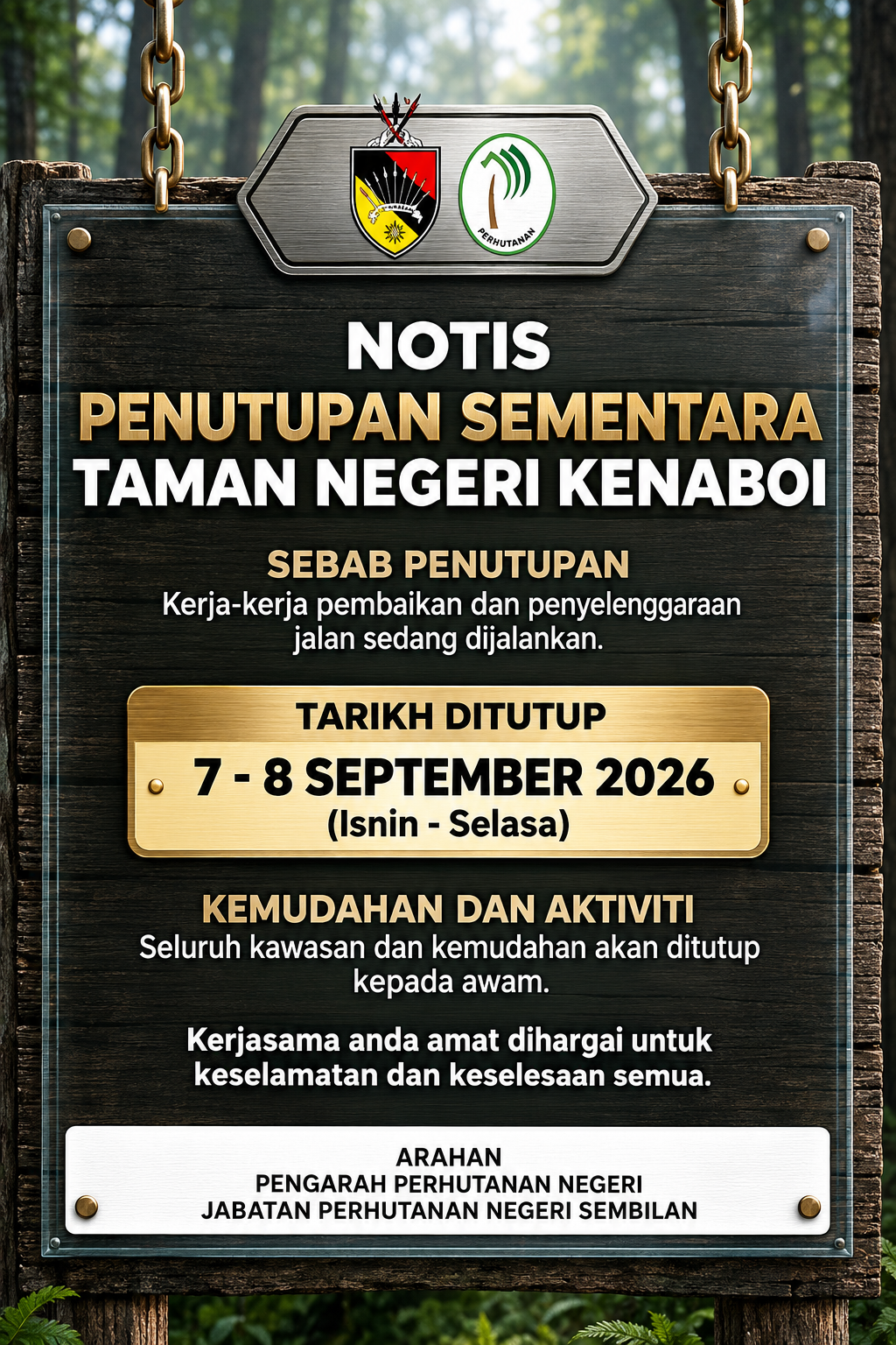 NOTIS PENUTUPAN SEMENTARA TAMAN NEGERI KENABOI